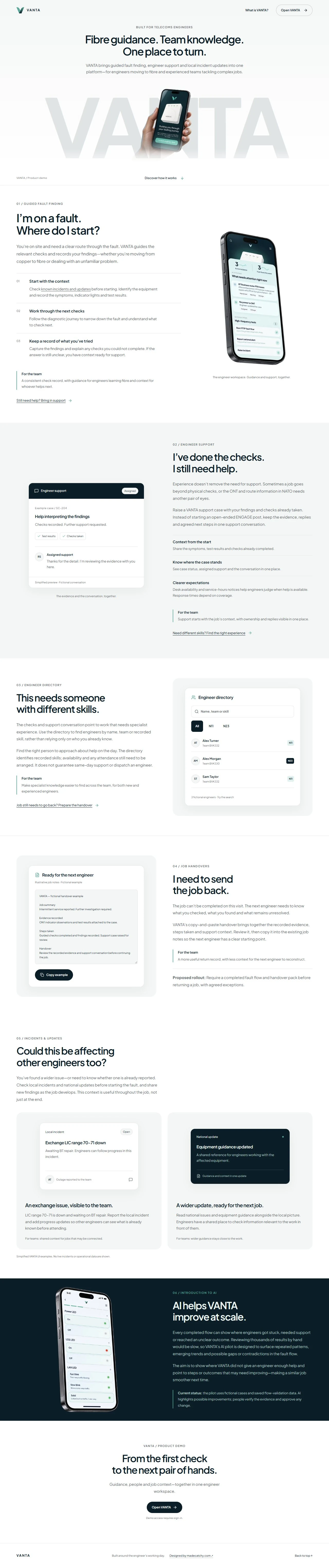 VANTA product presentation website with app demonstrations
